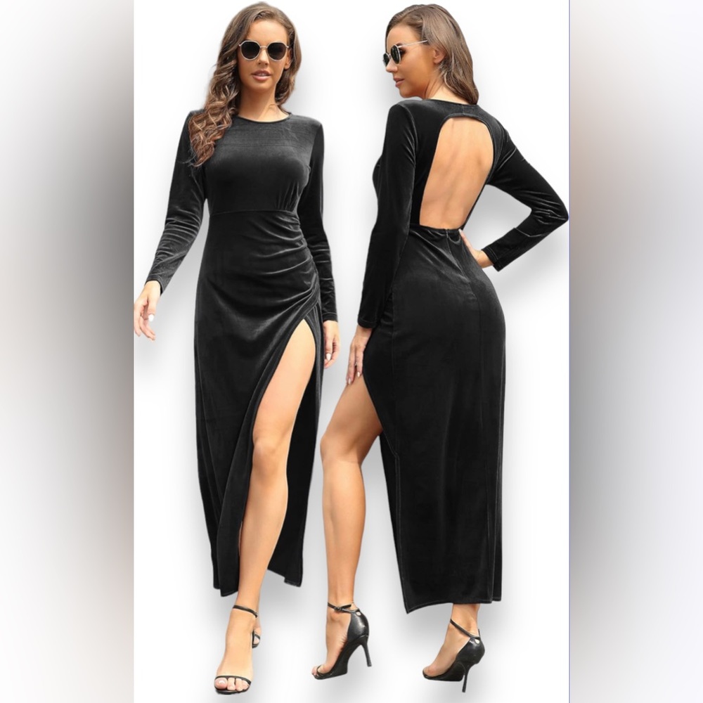 XS Women's Long Sleeves Velvet Maxi Dress Sexy Backless Ruched High Side Slit Ve